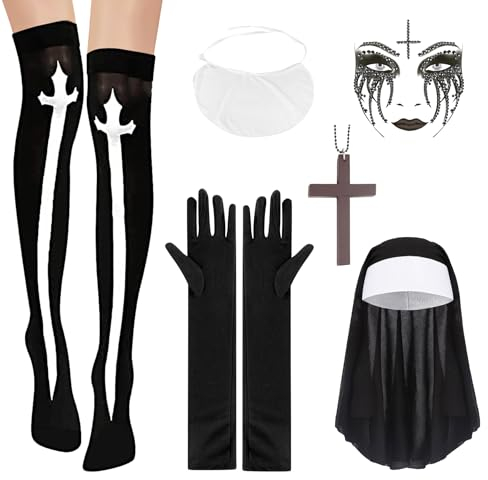YAOZUP Nonnen Kostüm Damen, 6 Stück Kostüm Nonne Zubehör mit Nonnen Kopfbedeckung Nonnen Kragen Holz Kreuzkette Halloween Tattoo Glitzersteine Gesicht und mehr, für Halloween Nonne Damen Cosplay