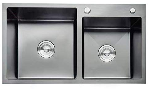 Fregadero de cocina con doble lavabo, empotrable, de acero inoxidable, con desagüe doble, color plateado