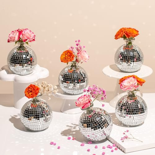 RGBDOT Disco Ball Vase for Centerpieces Disco Ball Planter for Flowers Silver Mirror Glass Disco Ball Decor for Table, Party, Wedding, Birthday, Home, or Bedroom(3.5 X 4)