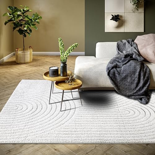 ELLE Decoration Panglao moderner Kurzflor Teppich - Wohnzimmerteppich Flauschig – Hoch-Tief Effekt Skandi Boho Geometrisch Wellen, Bogen - für Wohnzimmer, Schlafzimmer, Küche - Weiß, 80x120cm
