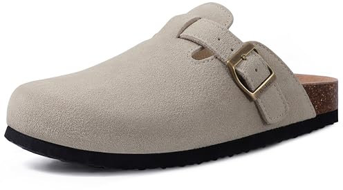 Beslip Women's Suede Clogs Soft Cork Footbed Leather Mules Comfort Potato Shoes with Arch Support, Light Grey Women Size 6.5