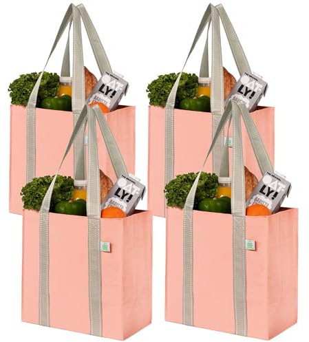 VENO Lot de 4 Sacs d'épicerie et sacs de courses réutilisables avec poignées et fond rigide de taille compacte et pratique. Fourre-tout utilitaire pliable, durable et robuste (Rose, Lot de 4)