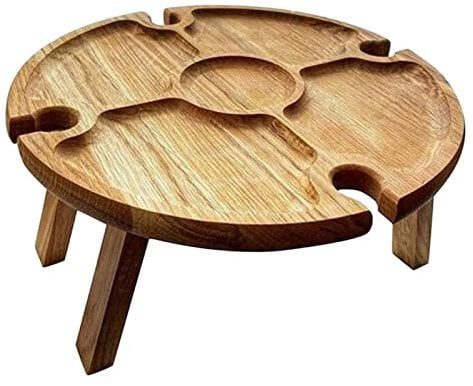 BDDCYWY Portable Wooden Picnic Folding Table with Cheese Board Tray Wine Rack and Snack Table for Camping and Outdoor Activities. Ideal for Picnics Wine Tastings and Fruit Display during Travel. Com
