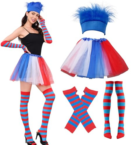 TALWIOR Déguisement de carnaval pour femme 4 pièces avec bandeau et jupe en tulle, accessoires des années 60 70, carnaval pour cosplay, carnaval, fête à thème