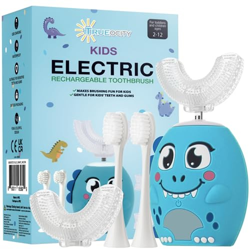 Trueocity Elektrische Kinder-Zahnbürste, U-Form, wiederaufladbar, automatische Zahnbürste, 360° U-förmiger Silikon-Bürstenkopf, sanfte Reinigung für Kinder von 2–7 Jahren, Dinosaurier-Design, Blau