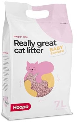 Hoopo® Tofu Babypuder-Katzenstreu | Bio-Katzenstreu | völlig staubfrei | klumpend | ohne Geruch | wirksam gegen unangenehme Gerüche (7L)