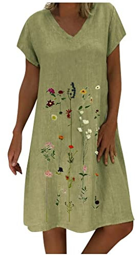 Keepink Linen Dresses for Women UK Plus Size Dress Plain Summer Dress Casual V Neck Short Sleeve Dresses Knee-Length T Shirts Dresses Beach Dress Loose Tunic Dress Shift Dresses