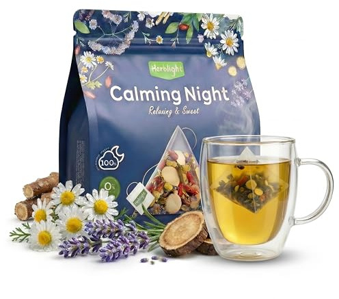 Herblight Sleep Tea with Valerian Root & Ashwagandha, Caffeine Free Bedtime Tea, Night Time Tea for Sleeping, Cortisol Calm Herbal Tea, Whole Leaf Pyramid Tea Bags, 25 Count