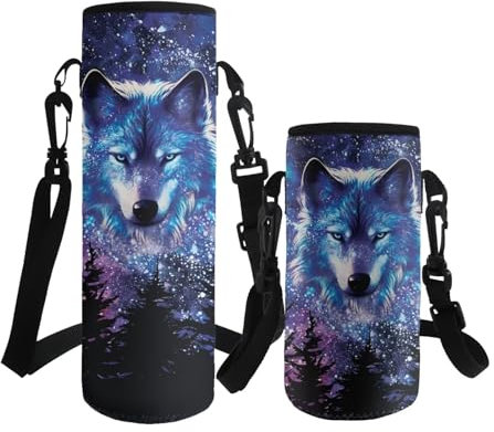 ASQVTIFE Starry sky Wolf Water Bottle Carrier Insulated Neoprene Water Bottle Sleeve School with Adjustable Shoulder Strap for 1000ml Steel/Glass/Plastic Bottles Energy Drinks Animal Designs L