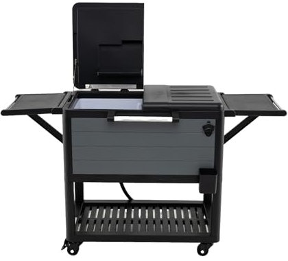 GOPLUS Kühlwagen, Servierwagen mit Rollen, Getränkekühler mit 2 Seitenablagen & Flaschenöffner, Kühlerbox mit großer Kapazität von 91 L, für Outdoor Terrassen Party, Grau