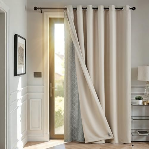 TOPICK Thermovorhang Kälteschutz doppelten Gardinen Ösen H260xB200 1 Stück | Gardinen Wohnzimmer Beige Türvorhang Verdunklungsvorhänge Schlafzimmer Vorhänge mit abnehmbare Schicht Curtain living room