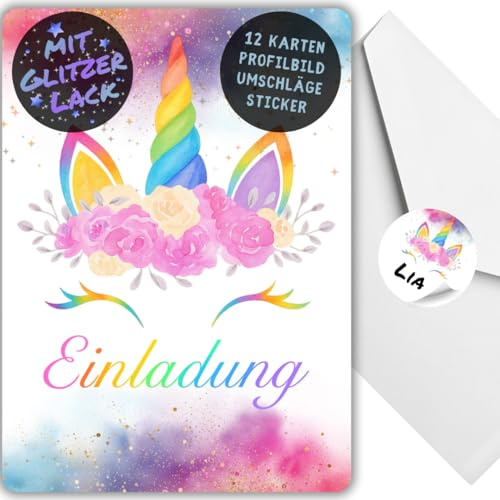 celebr8te 12x Einhorn Glitzer Regenbogen Einladungskarten - Für den Kindergeburtstag von Mädchen - Einhorn Geburtstagseinladungen +12 Umschläge +12 Sticker