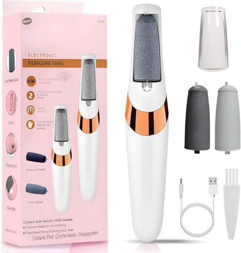 Electric Foot File, Rechargeable Callus Remover for Dry Skin, White | Removes Dry, Cracked, Hard Skin, 2-Speed Rechargeable, 4 Coarse & Fine Rollers, for Men/Women Home Spa, Easy-to-Clean Heads