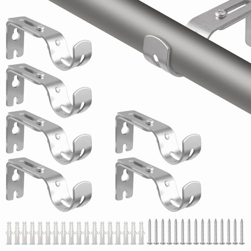 SyiXute 6 Pezzi Staffa Palo per Tende Regolabili,25 mm,Supporto per Bastone Tenda in Metallo Argentato,Staffe per Asta di Tenda con Viti per Casa,Camera da Letto,Ufficio