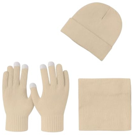 Gaffer Lot de 3 bonnets d'hiver pour homme et femme – Bonnet tricoté chaud, gants magiques extensibles et écharpe en polaire douce pour temps froid pour homme et femme, beige, taille unique