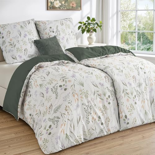 Duvetnova Bettwäsche 4teilig 135x200 Blumen Frühling,Bettwäsche Grün Grüne Aesthetic Superweiche, ÖKO-TEX Bettwäsche-Sets 2 Bettbezüge 135 x 200+2 Kissenbezüge 80x80 -alle mit Reißverschluss