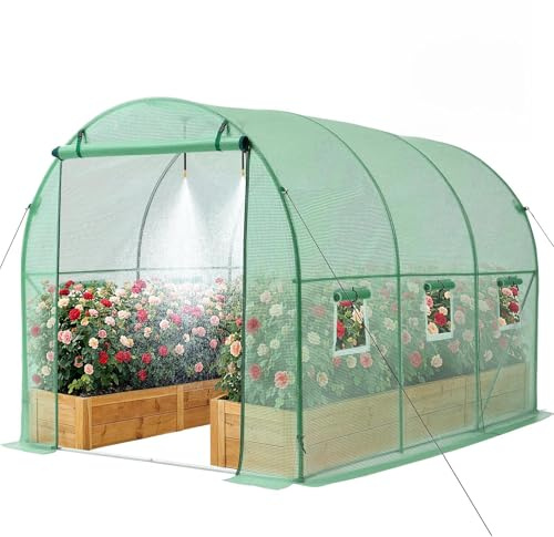 VEVOR Invernadero de Exterior 2,93 x 1,97 x 1,94 m, Invernadero de Túnel con Sistema de Riego Puerta Enrollable 6 Ventanas, Impermeable Anti-UV para Cultivos Frutas Verduras en Jardín Terraza, Verde