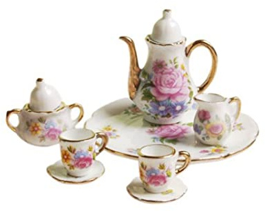 Juego de Tazas de té de cerámica en Miniatura 1:12, 8 Uds., Juego de té de Porcelana con Adorno Dorado con Estampado de Flores para Accesorios de Cocina de casa de muñecas