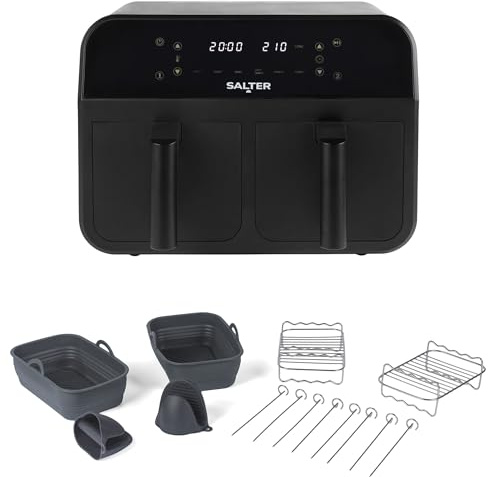 Salter Dual Air Fryer with 14 Piece Accessory Set – 2 x 3.7L Non-Stick Drawers, Sync & Match, 6 Pre-Sets, 2400W, Includes Baskets, Racks, Skewers & Gloves, Dishwasher Safe, PFAS-Free Accessories