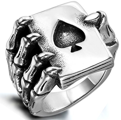 Flongo Herrenring Männer Ring Daumenring Bandring Siegel Ringe Biker Silber Spielkarte Pik-Ass Spades A Poker Karten Totenkopf Schädel Hand Herren-Accessoires Größe 67