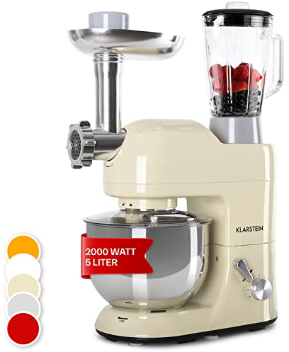Klarstein Knetmaschine Küchenmaschine mit Fleischwolf, 1800W Teigmaschine Klein, 6 Stufen, Schneebesen Rühr- & Knethaken, Planetenrührwerk, Rührmaschine mit Mixer