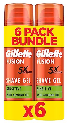Gillette Fusion Shave Gel for Men with Almond Oil, For Sensitive Skin, 5X Action: Cleanses, Hydrates, Protects, Refreshes, and Soothes, 6x200ml