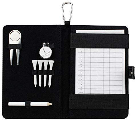 KOFULL Porte-carte de score de golf en cuir, outil de réparation de divot de golf, marqueur de balle, tees de golf, crayon de golf, cadeau pour golfeurs