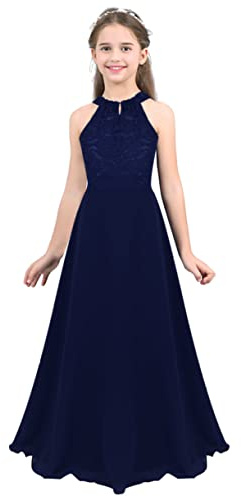 FEESHOW Kinder Mädchen Festliches Kleid Neckholder Spitze Chiffon Kleid A-Linie Hochzeit Party Abendkleid Festzug Geburtstag Ballkleid Maxi