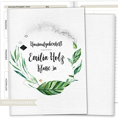OLGS Hausaufgabenheft Hülle Tropical Green inkl. Heft Schulheft Schutzhülle Umschlag Geschenkidee Einschulung personalisierbar mit Namen und die Schulklasse (personalisiert, Tropical Green 02)
