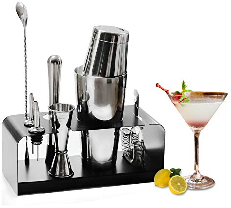 SKY FISH Shaker à Cocktail, Ensemble de 8 Pièces Kit de Barman, avec Support en Acier Inoxydable, Parfait pour Faire des Cocktails à la Maison.
