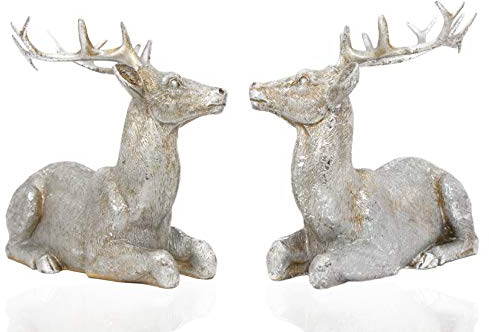 B2S BACK2SEASON Rentier Paar Nilan Silber liegend edel Weihnachtsdeko Dekoration sammeln Hirsch Kunststein 2er Set