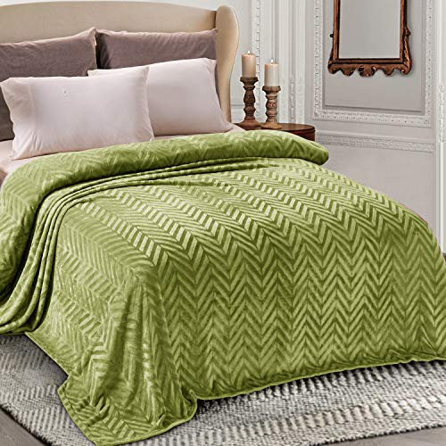 Whale Flotilla Flannel Fleece Queen Size Blanket for Bed, 220x240 CM Soft Fluffy Velvet Bed Blanket with Decorative Chevron Pattern for All Season, Warm and Lightweight, Olive Green
