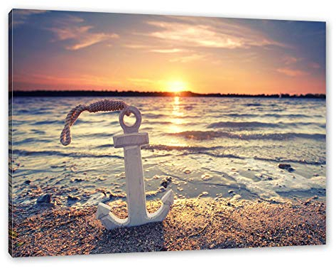 Pixxprint Anker am Ostseestrand im Sonnenuntergang, Größe: 60x40cm, Leinwandbild, fertig gespannt, Wandbild, Dekoration, Kunstdruck, kein Poster
