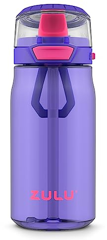Zulu Kids Flex 16oz Tritan Plastic Water Bottle with Silicone Spout, Leak-Proof Locking Flip Lid and Soft Touch Carry Loop Purple/Pink 15 oz