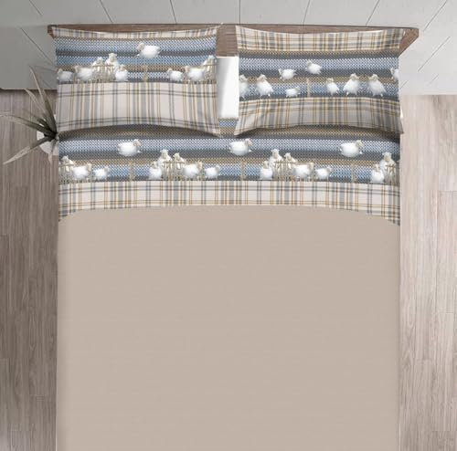 PELLECCHIA COLORI|Set Lenzuola Flanella | Fantasia Pecorelle | 100% Cotone Made in Italy | Lenzuolo sopra + sotto con Angoli + Federa/e con Stampa su due i Lati (Beige, Matrimoniale)