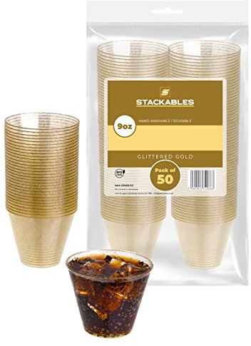 Stackables Lot de 50 gobelets transparents à paillettes dorées - Réutilisables et élégants - pour fêtes, mariages et vacances - 27 cl