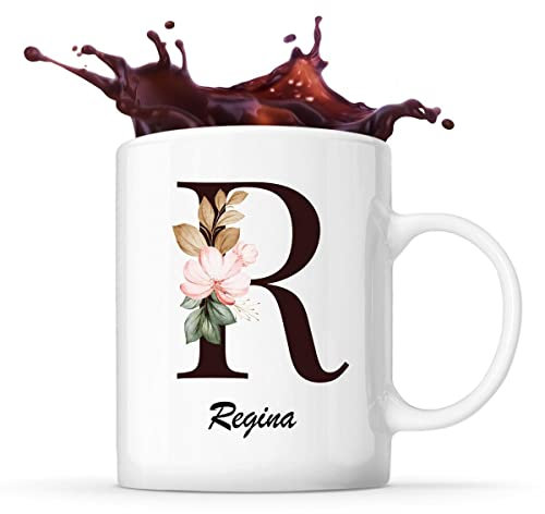 Tazza Regina con lettera fiorita per un'idea regalo originale. Tazza de 325 ml ideale per caffè e tè