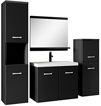 Badezimmer Badmöbel Set Malo 60cm Waschbecken Mat Schwarz - Unterschrank Hochschrank Waschtisch Möbel