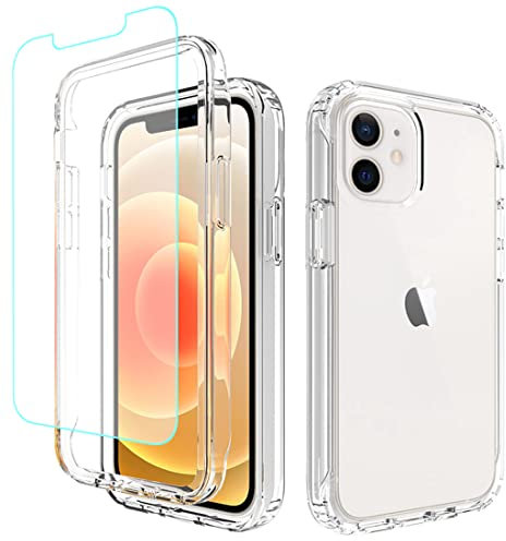 Jhxtech for iPhone 12 Mini Case with Tempered-Glass Screen Protector, Clear Full Body Protective Hard PC Shell TPU Bumper Cover Cases for Apple iPhone 12 Mini 5.4 (clear)