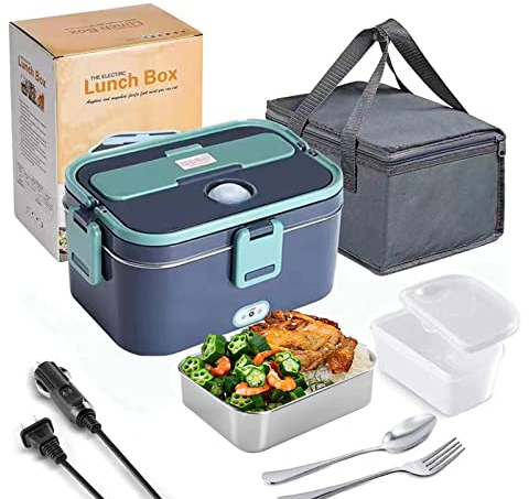 1.8L Calentador de Comida Electrico, 60W Fiambrera Electrica Comida con Bolsa, Fiambreras Comida Trabajo Electrica de Acero Inoxidable, Portátil con Cubiertos, para Coche Camión Trabajo Oficina
