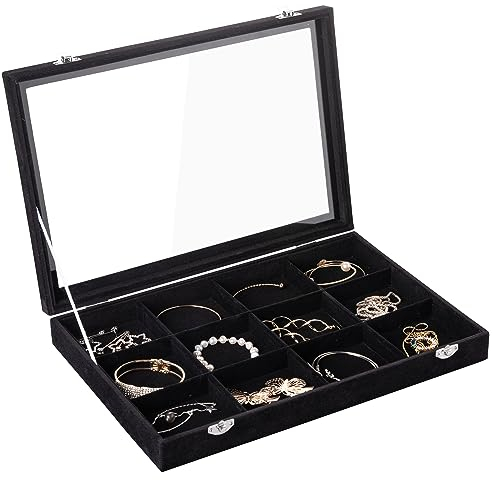 Frebeauty Schmuck Tablett 12 Gitter Samt Schmuck Organizer Aufbewahrungsbox mit klarem Deckel Schublade Schmuck Halter Vitrine mit Schließe Anhänger Armbänder Halskette für Frauen (Schwarz, 12 Gitter)