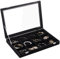 Frebeauty Schmuck Tablett 12 Gitter Samt Schmuck Organizer Aufbewahrungsbox mit klarem Deckel Schublade Schmuck Halter Vitrine mit Schließe Anhänger Armbänder Halskette für Frauen (Schwarz, 12 Gitter)