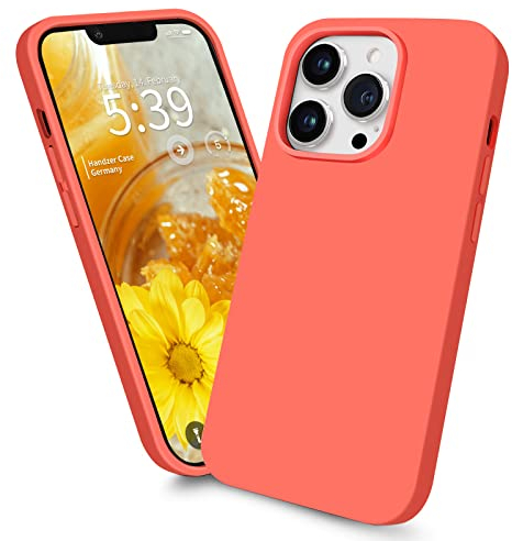 Handzer cover per Apple iPhone 14 Pro - giallo arancio cover in silicone liquido di alta qualita, protezione a 360°, cover antigraffio con rivestimento in microfibra
