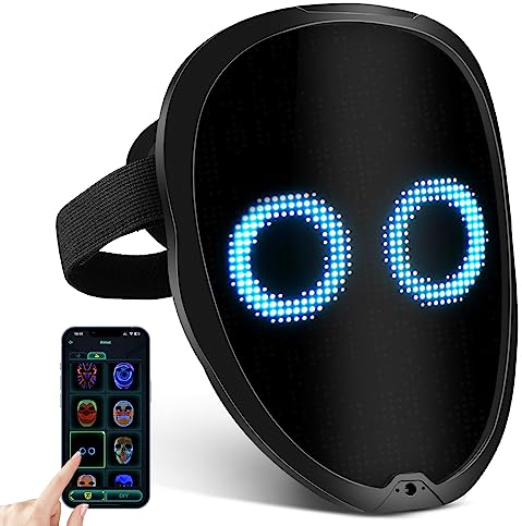 LED Light Up Face Mask, Rechargeable LED Mask with Gesture Sensing Face Transforming Modes, Shining Mask Support APP Control for iOS Android, Suitable for Costume Cosplay Masquerade Halloween