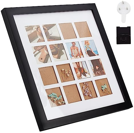 OLYCRAFT Cornice portafoto quadrata 34 x 34 cm, in legno, colore nero, per 16 foto, più cornici con finestra trasparente, per supporto da tavolo e montaggio a parete, spessore 2 cm