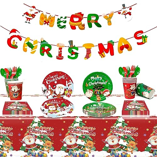 Pappteller weihnachten,Weihnachtsgeschirr set,Partygeschirr weihnachten,Geschirrset weihnachten,einschließlich Teller, Becher zum Weihnachten Party Weihnachtstischdecke,Servietten weihnachten