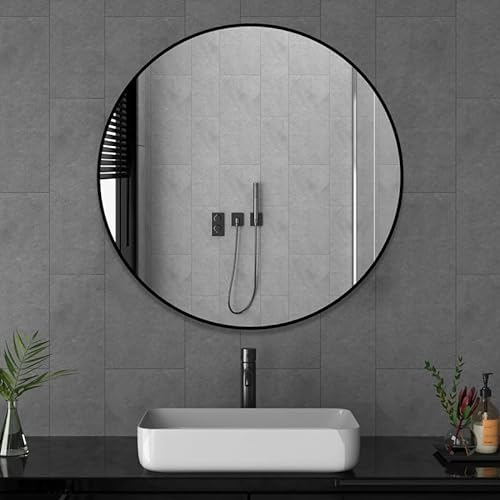 Goezes Runder Spiegel Schwarz 80cm Rund Wandspiegel Schwarz Metallrahmen Spiegel Dekorative Badezimmer Wandspiegel für Badezimmer, Wohnzimmer, Gäste WC