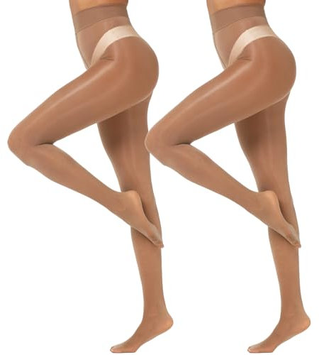 MANZI 2 Paar Glanzstrumpfhosen Damen Sexy Seidenglatt Feinstrumpfhose 15 Den transparent reißfest Braun,L-XL