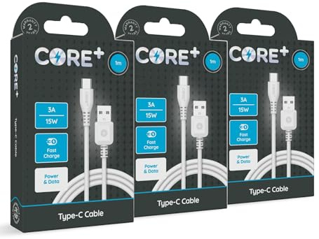 CORE+ | 1M USB C to USB Type A Smartphone Charger Cable 15W | Fast Charging | Compatible with iPhone 15 Pro/Max, Macbook, Samsung, Google Devices | Includes Cable Tidy (1 x 3M)