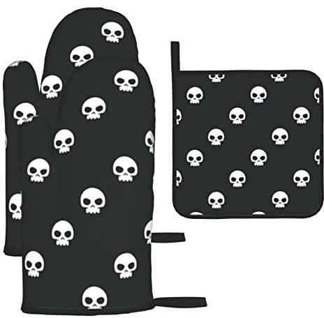 Ofenhandschuhe und Topflappen mit Totenkopf-Motiv, hitzebeständig, wasserdicht, zum Backen, Kochen, Grillen, 3-teilig